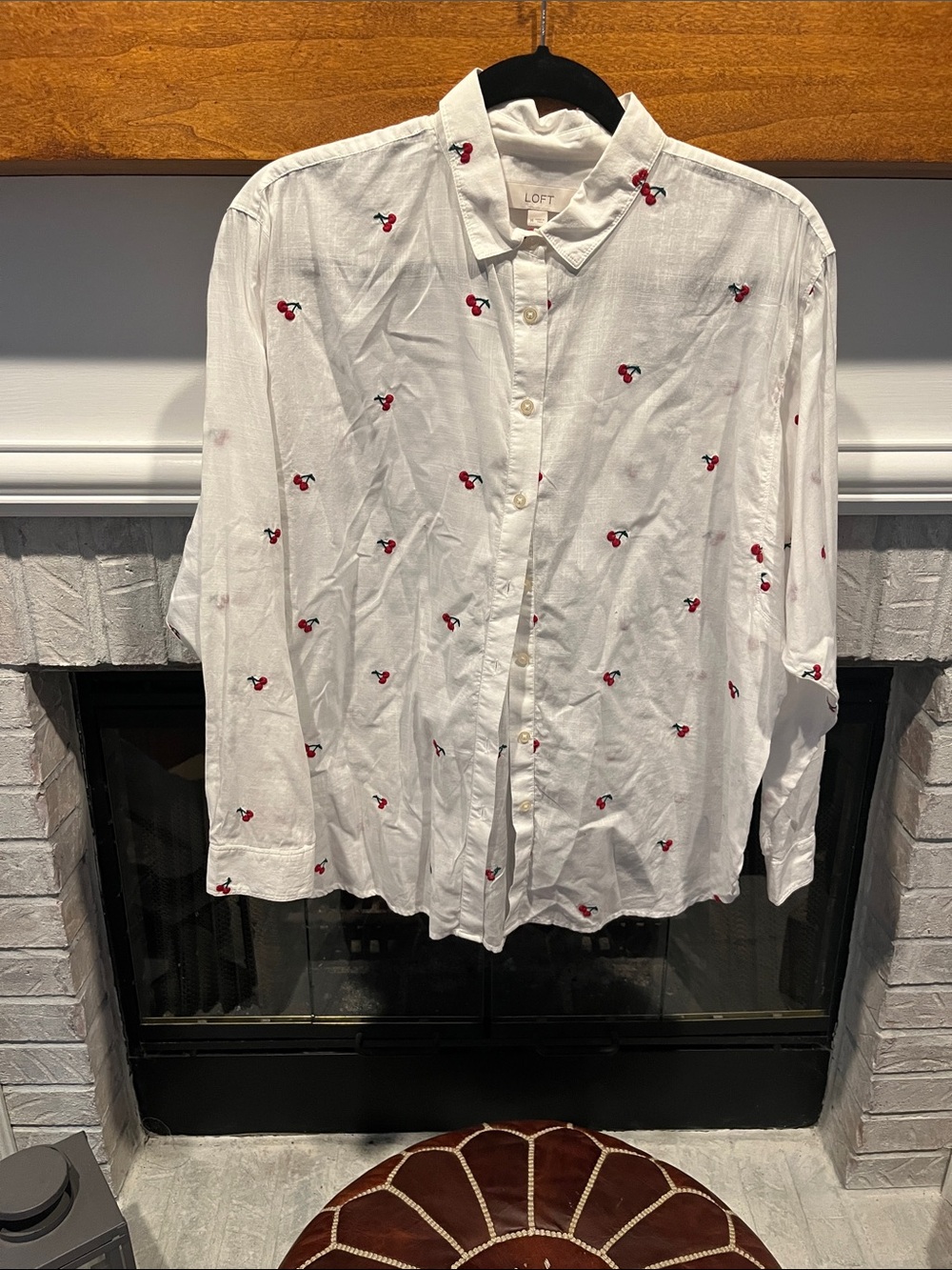 LOFT White Button-Down Shirt with Red Cherry Motif